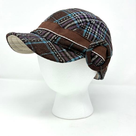 Christy's Hats Accessories - Brown Purple Plaid Women's Twill Cap OS Side Button Newsboy Retro Mod NWT